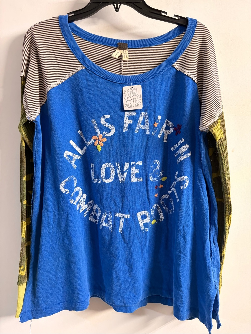 We The Free Blue Long Sleeve Tee with Yellow & Black Plaid Sleeves